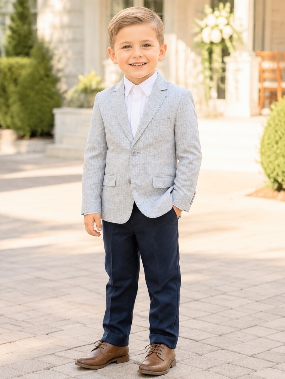James Morgan Boys Size 6 Light Grey Micro Check Two Button Blazer